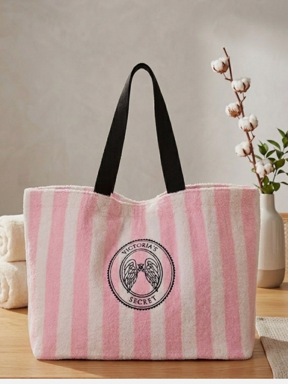 Victoria Secret’s Angel Essentials Terry Tote Cloth Bag Pink White Striped